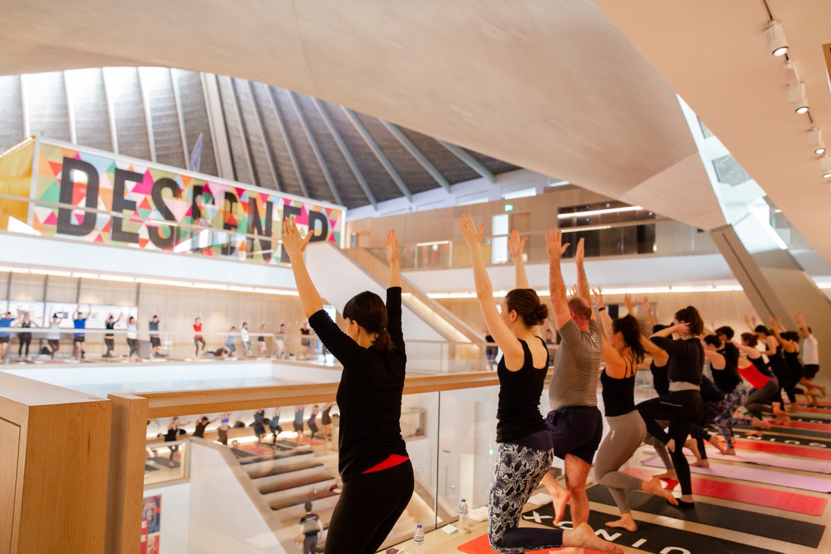DesignMuseum's tweet photo. #NationalRelaxationDay | Start your morning with a 60-minute vinyasa flow yoga class hosted by @Equinox set beneath the major installation, #MindPilot, specially commissioned for #ldf2018 in the Design Museum’s atrium on 22 Sept https://t.co/UOpN57IcFW https://t.co/Ehy4fp7pV2