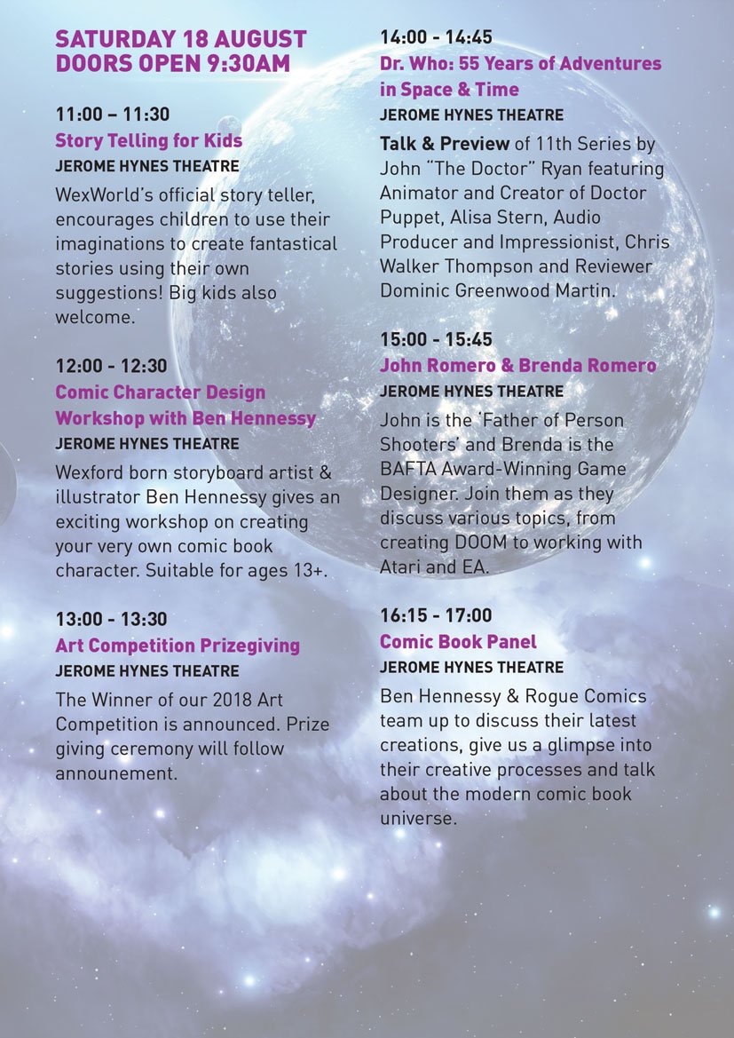 wexworlds's tweet photo. Howdy!
Here's a handy guide to Saturday 18 &amp; Sunday 19 of @wexworlds.
Kicks off at 9:30am @NatOperaHouse! 
Tickets available from https://t.co/JOr1O5z0uy . 
€5 Day Pass / €7 Weekend Pass. 
Events are first come, first seated. https://t.co/iXTC9Tt5aU