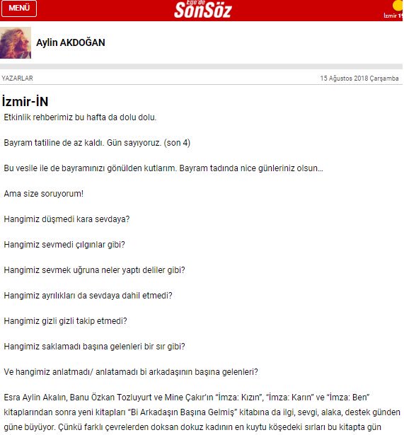 Biz anlattık, <a href="/egedesonsoz/">egedesonsoz.com</a>’den @aylinakdogan #biarkadaşınbaşınagelmiş’i yazdı💖 Tüm röportaj için mobil.egedesonsoz.com/yazar/Izmir-IN…