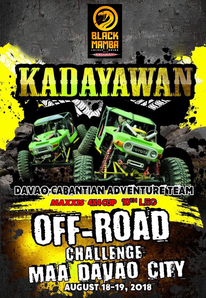 Buhay na buhay ang Araw ng Kadayawan kasama ang Black Mamba Energy Drink sa darating na Agosto 18-19 para sa 10th leg Off-Road Challenge MAA Davao City!

#EnergyDrink #BlackMambaPH #Guarana #Kadayawan2018 #Davao #OffRoadChallenge