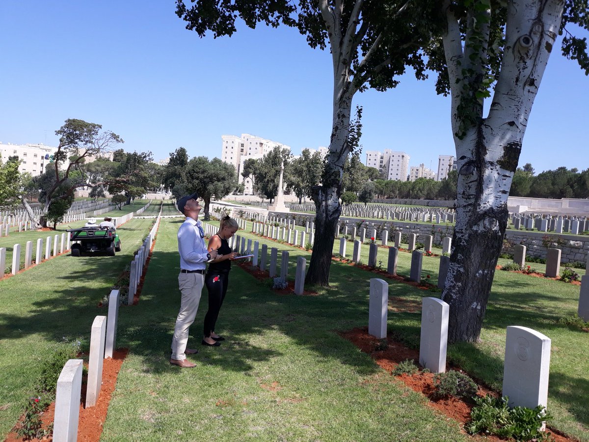 Tom_CWGC's tweet photo. Jerusalem War Cemetery - Carrying out tree risk assessments with country supervisor Nancy Batshon. https://t.co/U3XlGzNd1U
