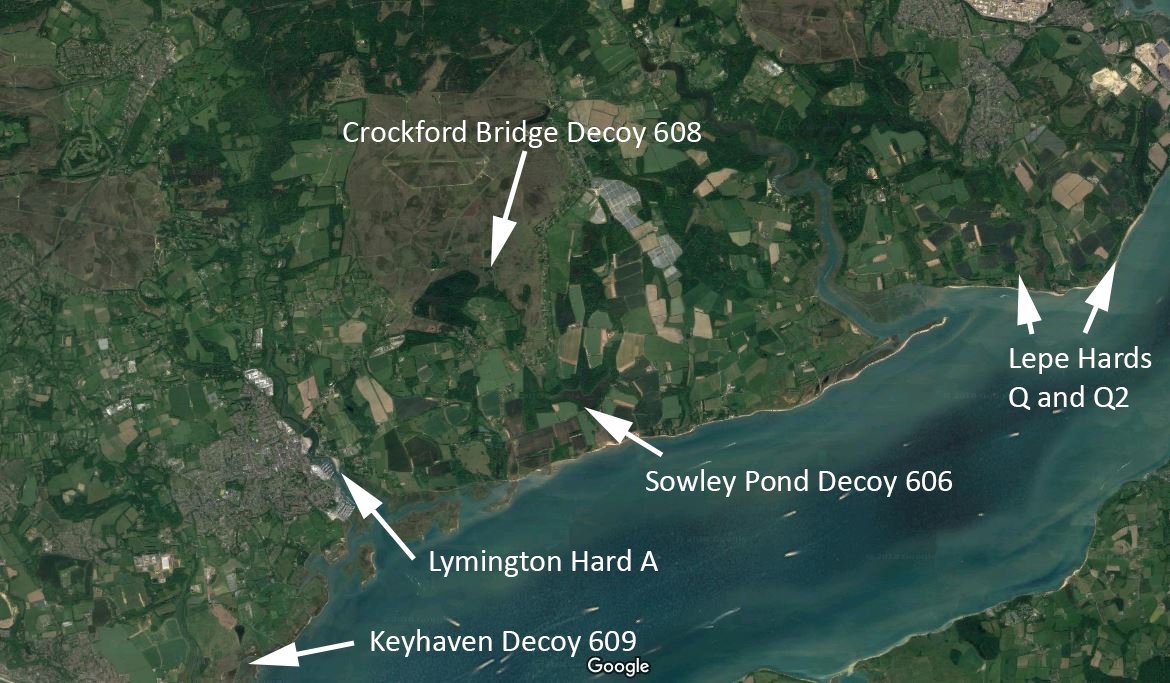 The hards would be viable targets for night time bombing raids, so decoy hards were built to divert attention away from them. One was constructed at Keyhaven marshes, another alongside Sowley Pond and one more, 608, at Crockford Stream.