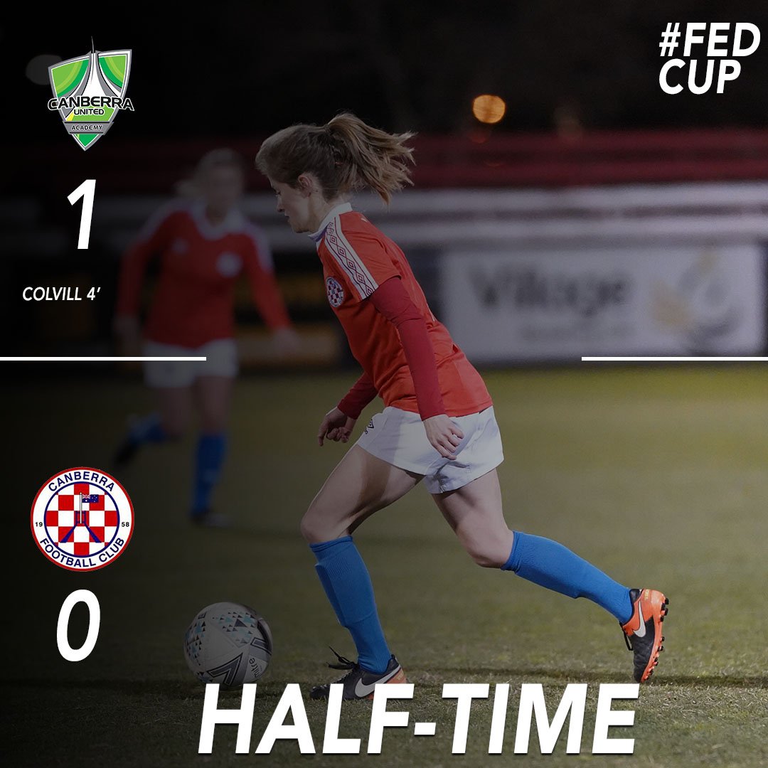 CapitalFootball's tweet photo. FED CUP HT |
Aoife Colvill's early strike at Deakin means the @CanberraUnited Academy take a one goal lead into the break against @CanberraFC1. #FedCup2018 #CUAvCFC https://t.co/UTbEk2qYTM