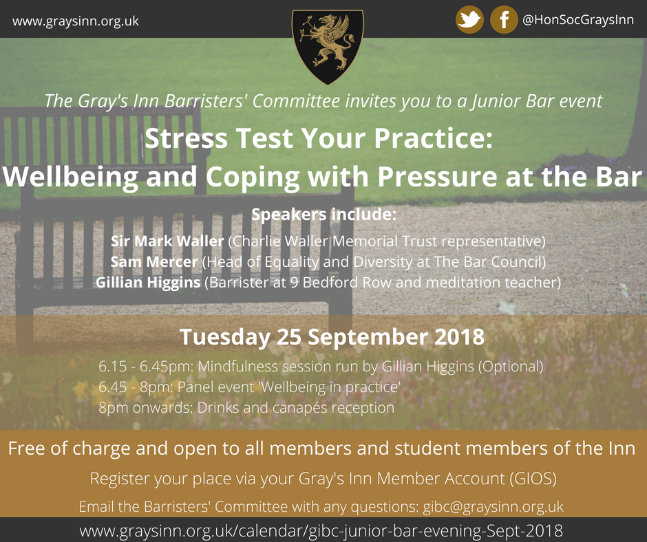 #Wellbeing event with optional mindfulness session followed by panel with: 
Gillian Higgins @Meditation4Calm <a href="/gillianhiggins/">Gillian Higgins</a> 
Sir Mark Waller @CharlieWtrust 
and Sam Mercer <a href="/thebarcouncil/">The Bar Council</a>
ow.ly/3VPB30lclXZ