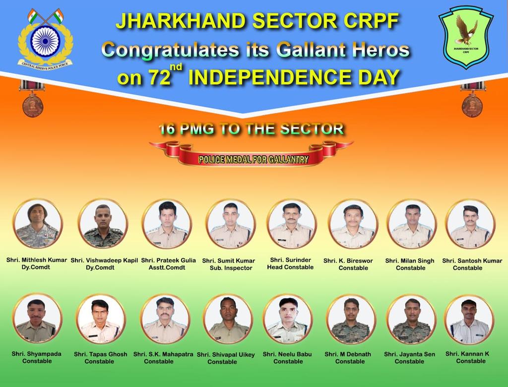 Heartiest Congratulations to our Bravehearts of 209 #CoBRA for bringing Laurels to #JharkhandSectorCRPF, the LWE Sector of #crpf bestowed with 16 Police Medals for Gallentry on #IndependanceDay2018. 

VICTORY SIGN TWO ZERO NINE.