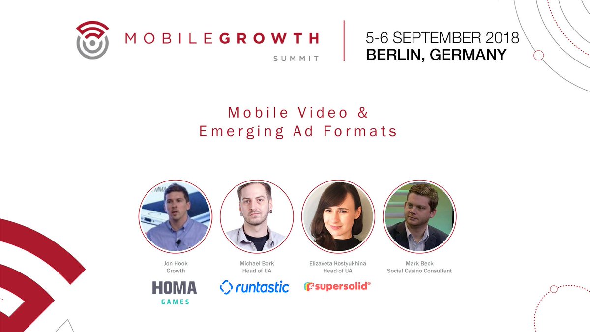 MobileGrowthMGA's tweet photo. 5th &amp; 6th Sept in #Berlin: Panel discussion : Mobile Video &amp; Emerging Ad Formats with @JonHook @Homa_Games, #MichaelBork  @Runtastic #ElizavetaKostyukhina @supersolidgames &amp; #MarkBeck #SocialCasinoIndustry  https://t.co/MuZdOgx0l6 https://t.co/Egc0RMogeL