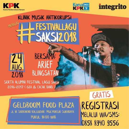 teman teman yang di surabaya, ayo ikutan, bedah lagu dan proses pembuatan lirik antikorupsi Kuota terbatas
#festivalsaksi2018 #saksi2018 #kpk #kanalkpk