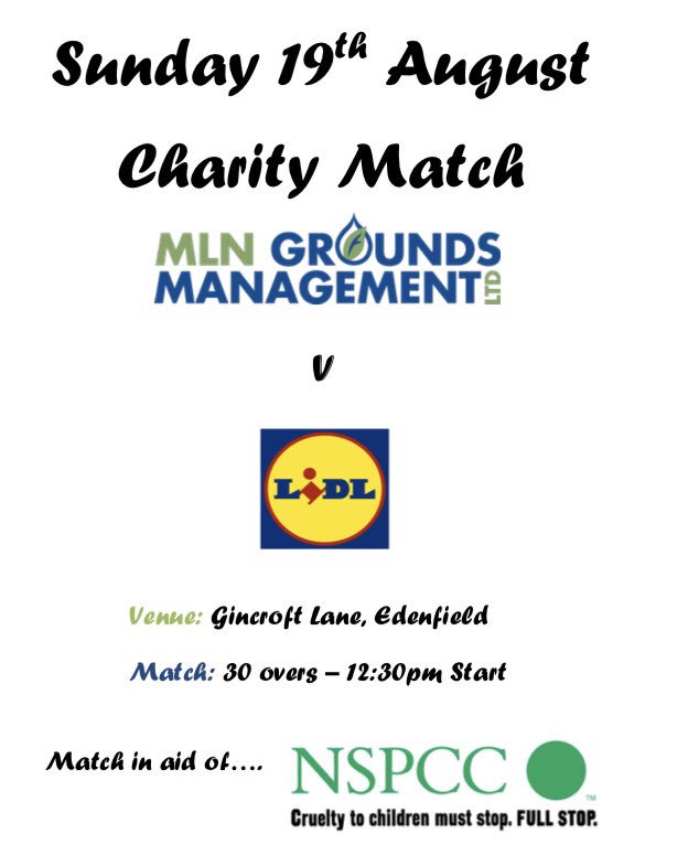 Come and support <a href="/MLNHire/">MLN Tool/ Plant Hire</a> as they take on <a href="/LidlUK/">Lidl UK</a> in a charity cricket match this Sunday to raise money for <a href="/NSPCC/">NSPCC</a> 

🗓 Sun 19th Aug

⏰ 12:30pm start

🏏 30 over match

Bar will be open from midday with top raffle prizes to be won. Come and support a fantastic cause!