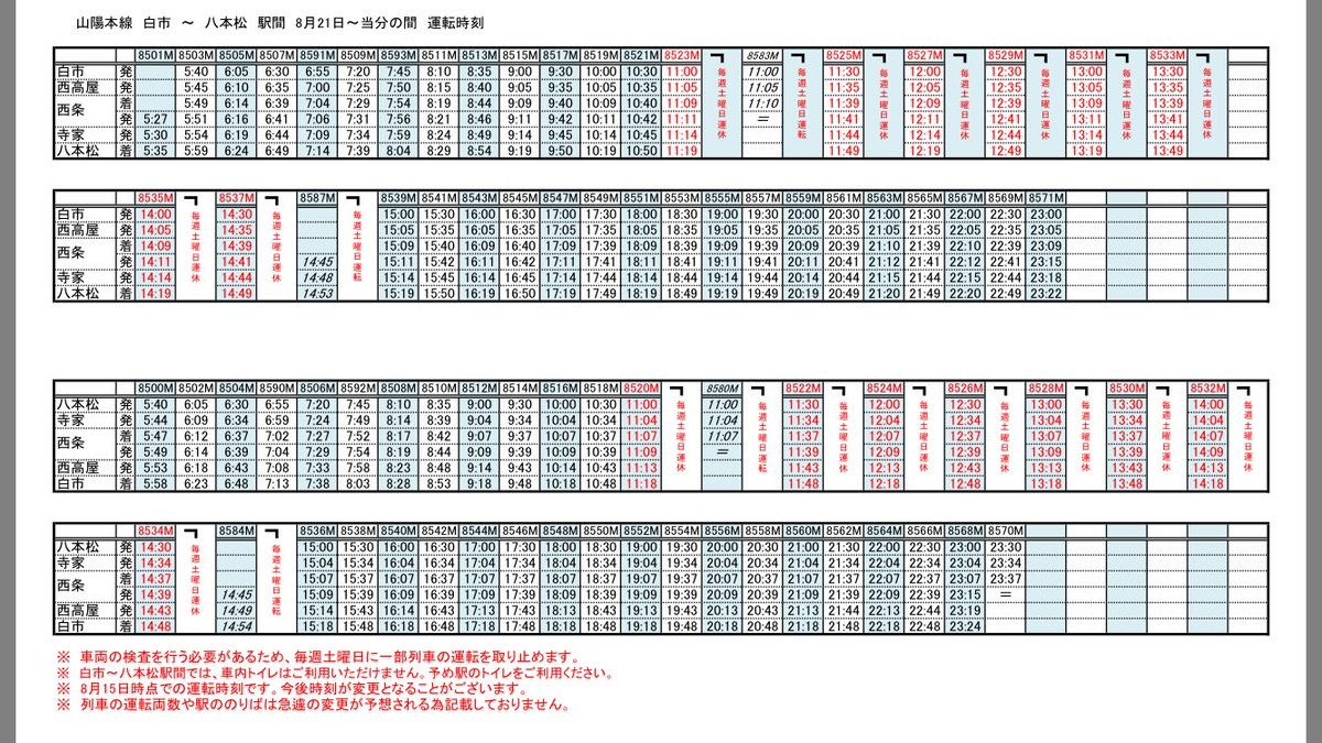 パパ やっと通常モードｗ Twitterissa Jr西日本 山陽本線の運転計画最新版の追加 白市駅 八本松駅の部分運転時刻表 三原駅 白市駅の代行バス 21日以降の東広島駅への連絡バスの運行について 三原駅 白市駅 西条駅 八本松駅 東広島駅 連絡バス 代行