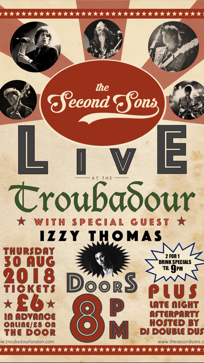 SecondSonsBand's tweet photo. Can’t wait for this one! Round two of our residency at @TroubadourLDN see you there for some #rocknroll 2-4-1 drinks!
@TimeOutLondon @LondonNow #thesecondsons #musicnews #livemusic #london https://t.co/n6EHmhFGra