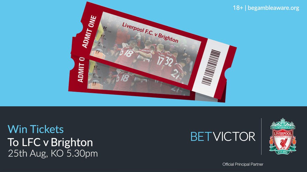 BetVictor's tweet photo. ⚠️WIN⚠️

We've got 2 pairs of tickets to have away to #LFC's game against Brighton next Saturday.

To enter 👇
1. Follow @BetVictor 
2. RT this tweet.

Winners picked Monday.
Ts &amp; Cs 👉 https://t.co/9VF7EWk22t https://t.co/JahJjbV033