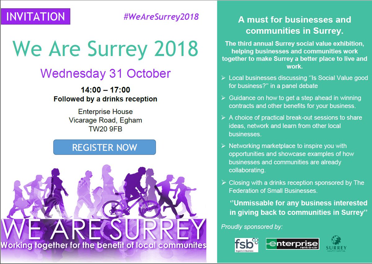 SupplytoSurrey's tweet photo. Join us at the next #WeAreSurrey2018 social value event on 31/10/2018 proudly sponsored by @UKEnterprise @SurreyCouncil @FSBSouthEast  @FSBSWS  Register your place now! https://t.co/PfR3cpr3BH https://t.co/QiqDM77fq0