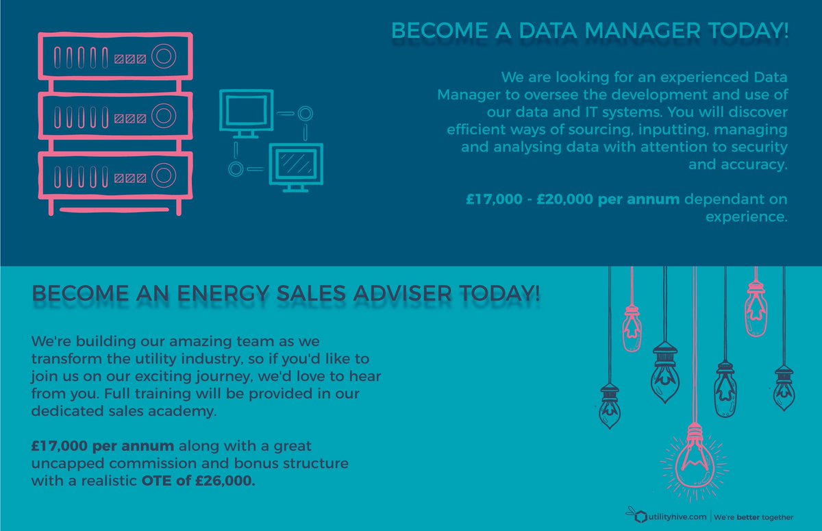 utilityhive's tweet image. We're in need of a Data Manager &amp;amp; plenty of Sales Advisers, so head over to our website now to start your career! utilityhive.com/quick-apply 
💡🔥💧
#Energy #Careers #RecruitingNow #Electricity #Gas #Water #Utilities #JoinOurTeam #Manchester #JobsInManchester #BetterTogether