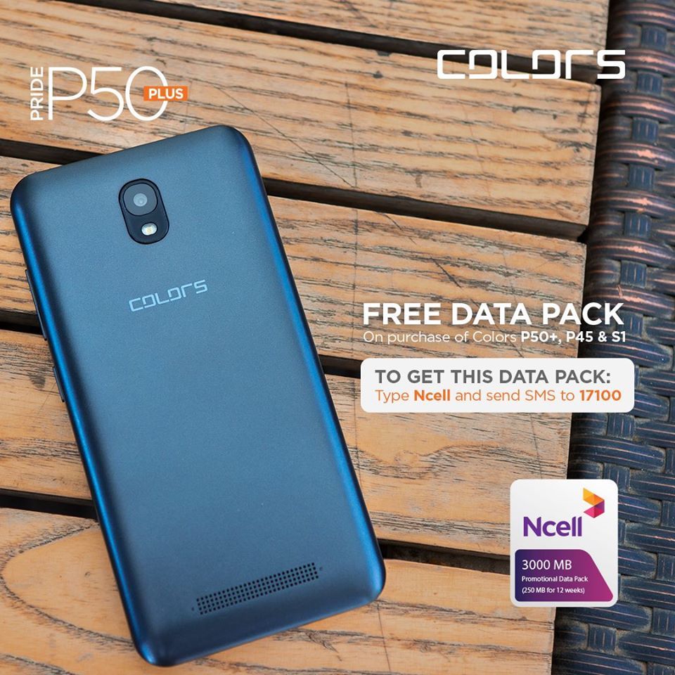 Colors_Nepal's tweet photo. You can now get free 3,000 MB (250 MB for 12 weeks) on every purchase of Colors P45, Colors P50+ and Colors S1.
 In order to get this data pack, users will have to type NCELL and send SMS to 17100. Grab your Colors phones now 😊 https://t.co/iL5DXe6m6i