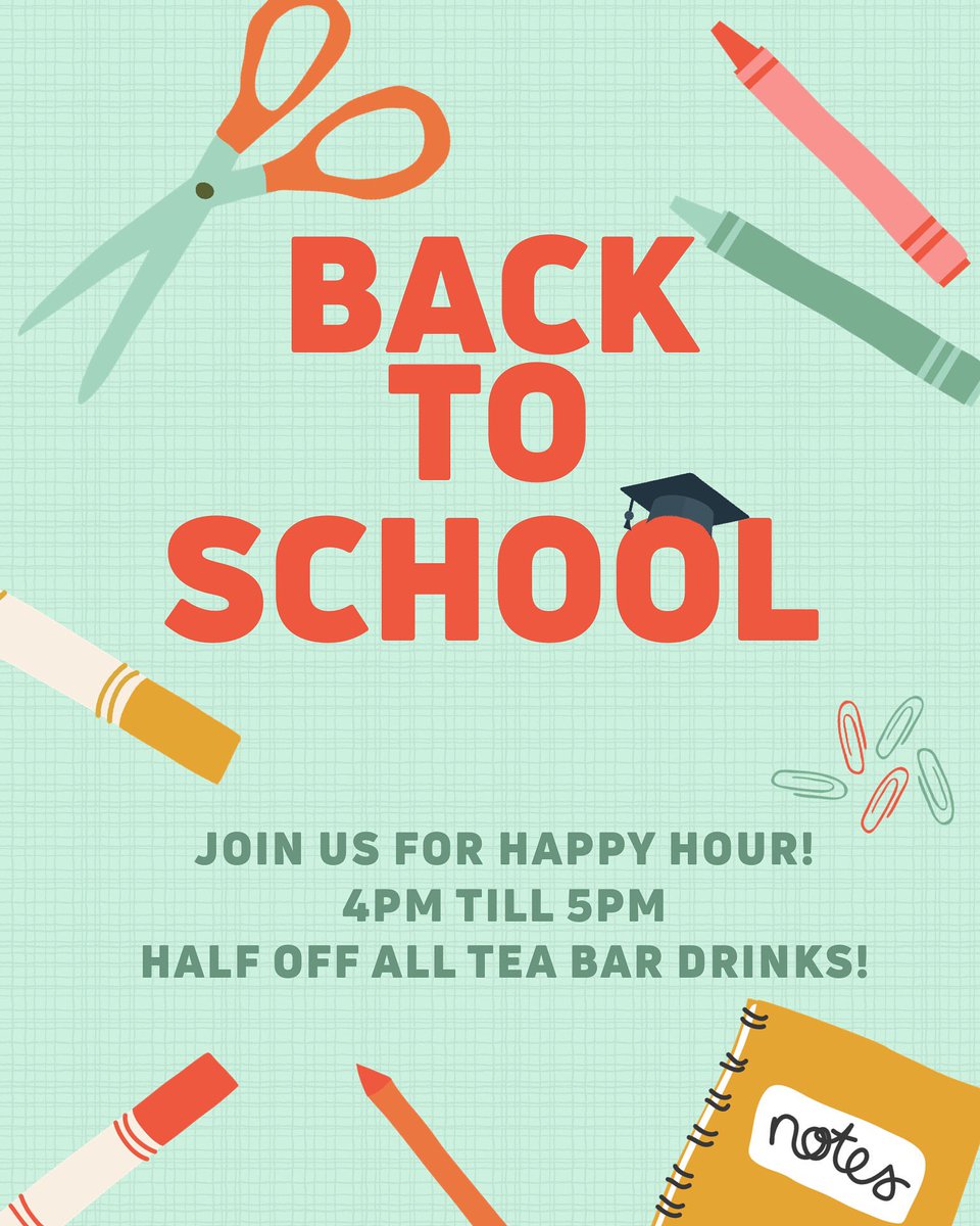 Welcome back! We’ve got #happy hour today from 4pm till 5pm! Enjoy our Tea Bar for half price! We also have free WiFi to get ahead of all those homework assignments 😉 #americantea #hapTEAhour #firstdayofschool