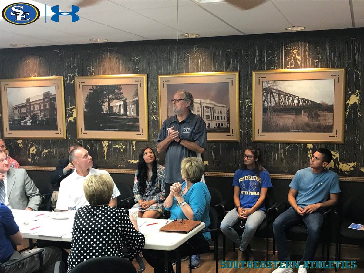 GoSoutheastern's tweet photo. This morning, Southeastern coaches and student-athletes spoke at the @DurantChamber meeting. On hand were @AtterberryBo, @JoelCarlos30 from #SEfootball and Ron Hair, Stephanie Heald, and Skye Summers from #SErunners. #commUNITY https://t.co/oPhbG2ytra