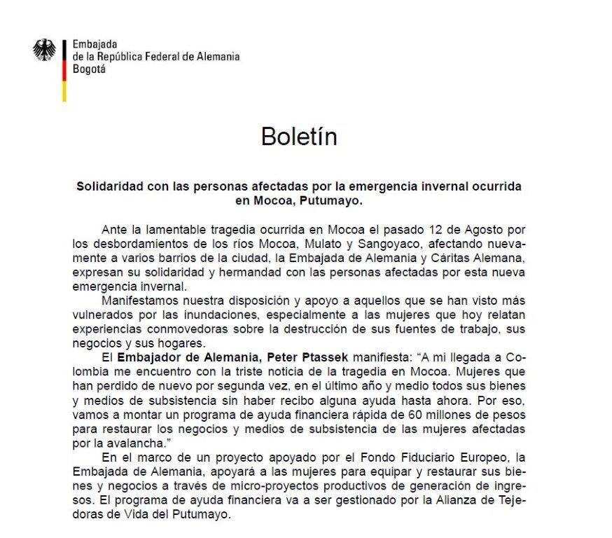 EmbAlemaniaCOL's tweet image. La Embajada expresa su solidaridad con las personas afectadas por la emergencia invernal ocurrida en #Mocoa en #Putumayo. Apoyará a las mujeres para equipar y restaurar sus bienes y negocios. #TodosConMocoa #Emergencia #MedioAmbiente