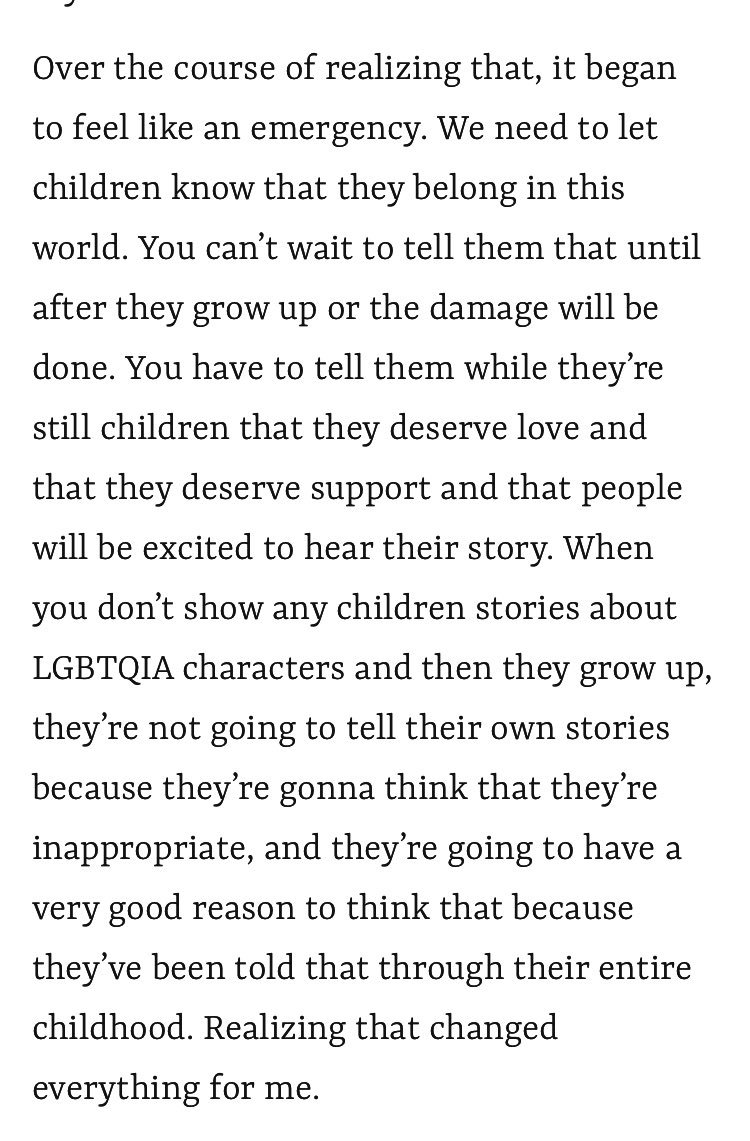 melgillman's tweet photo. Oooof.  If you haven’t read that new EW interview with Rebecca Sugar yet, there’s this incredible bit about the need to give LGBTQ kids representation /while they’re still kids/ https://t.co/Tetn9zDUeQ https://t.co/BrNSXJvkEW