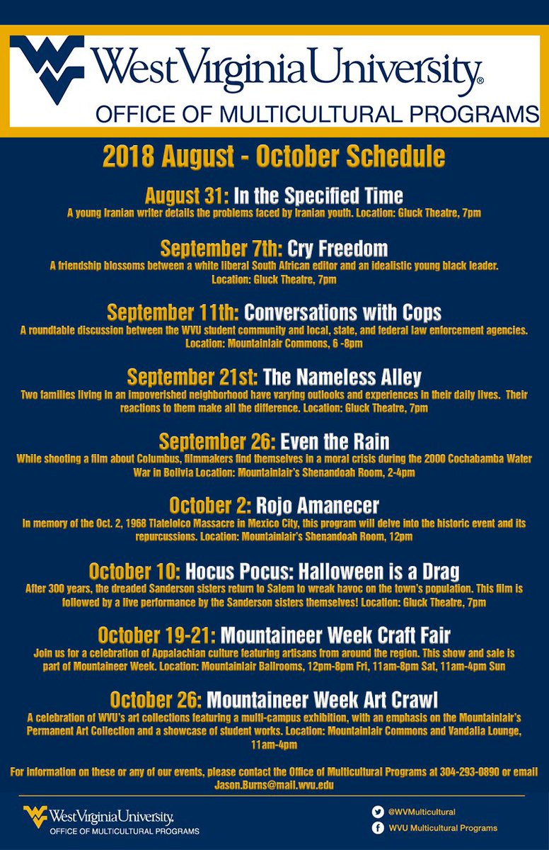WVMulticultural's tweet image. Welcome back to campus! Please join us for another semester of cultural programming! @WVU_Worldlang @WVUSpectrum @WVUStudentLife @WVUStudents @wvuhsa @boremanWVU @wvuLibraries @WVULINCOLNHALL @SummitHall @Mountainlair @WVUMtnrWeek @DubVStudents