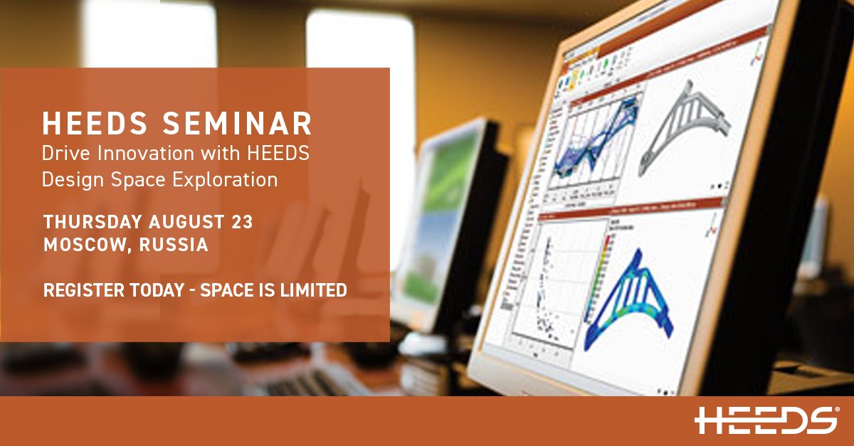HEEDSmdo's tweet photo. HEEDS Seminar - Moscow, Russia: Drive Innovation with HEEDS Design Space Exploration!
For more information and to register, go to: https://t.co/hvC74w4LeF https://t.co/TLu0tawCaa