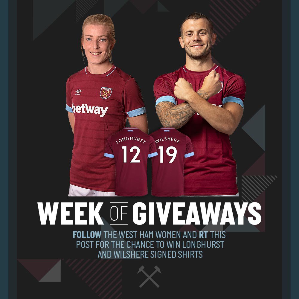 westhamwomen's tweet image. It&apos;s day three in our #WeekOfGiveaways!

You have until 2pm tomorrow to follow us and RT this image for a chance to win signed shirts from @katelonghurst20 and @JackWilshere!
Good luck!