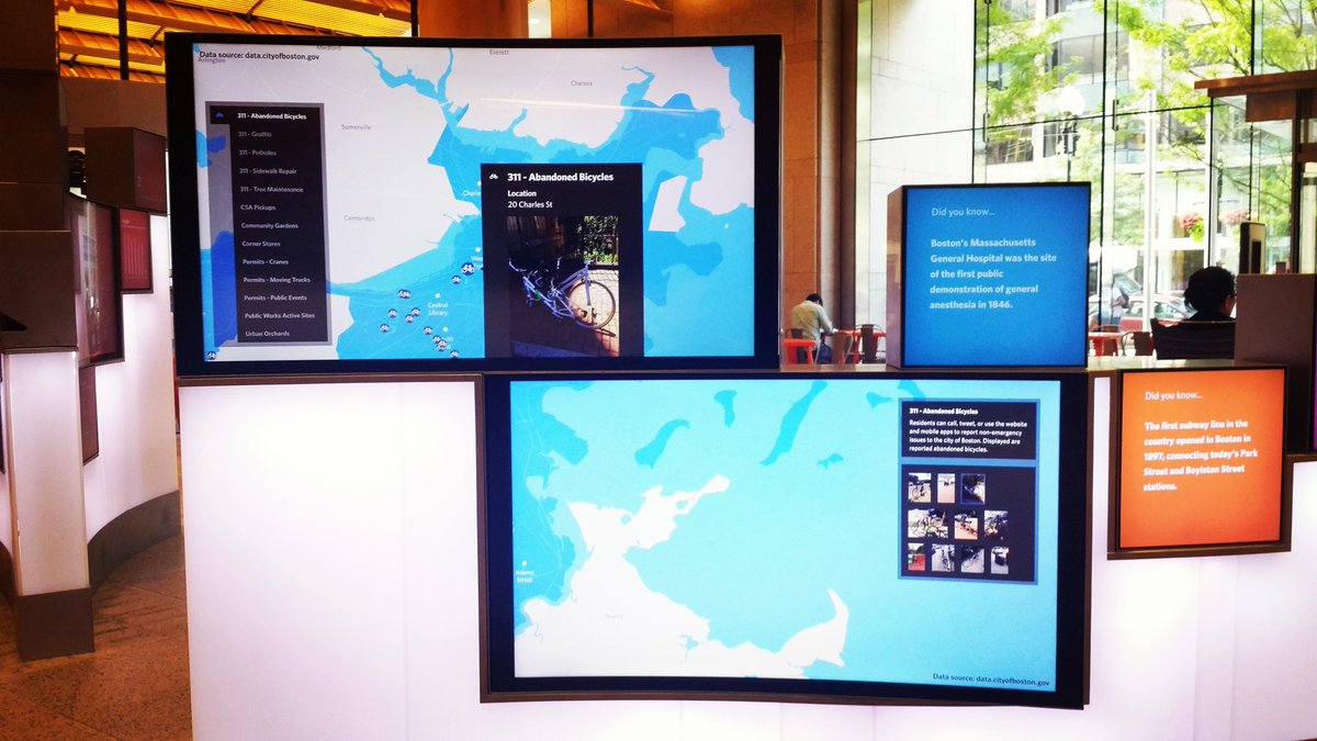 OnlyInBOS's tweet photo. Boston Public Library has a giant touch-screen visitors can use to search for reported potholes, abandoned bikes, &amp; other information Bostonians have reported on the BOS:311 app. https://t.co/2PuGYJeyPE