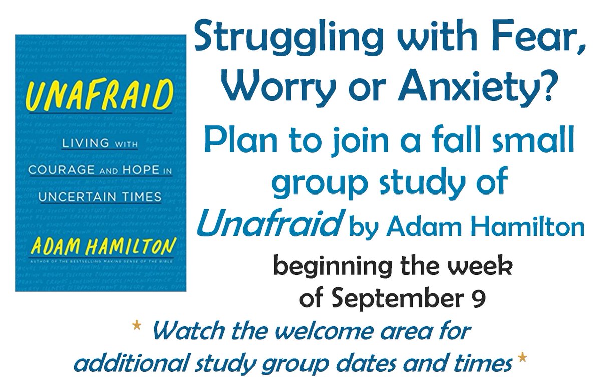 holtumc's tweet photo. With just a few weeks left of summer, its time to think about fall classes. There are many options available, including in-depth bible studies #Covenant and #Disciple, plus the all-church study #Unafraid https://t.co/NtN2tnsyW3