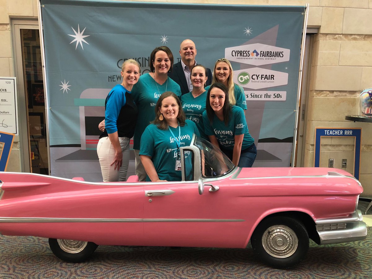 MarkHenry717's tweet photo. Pope Elementary teachers join me on the 3rd day of our district professional development day. I guess we can call the pink convertible the Pope mobile!!😀 https://t.co/mFuj4tFqK5
