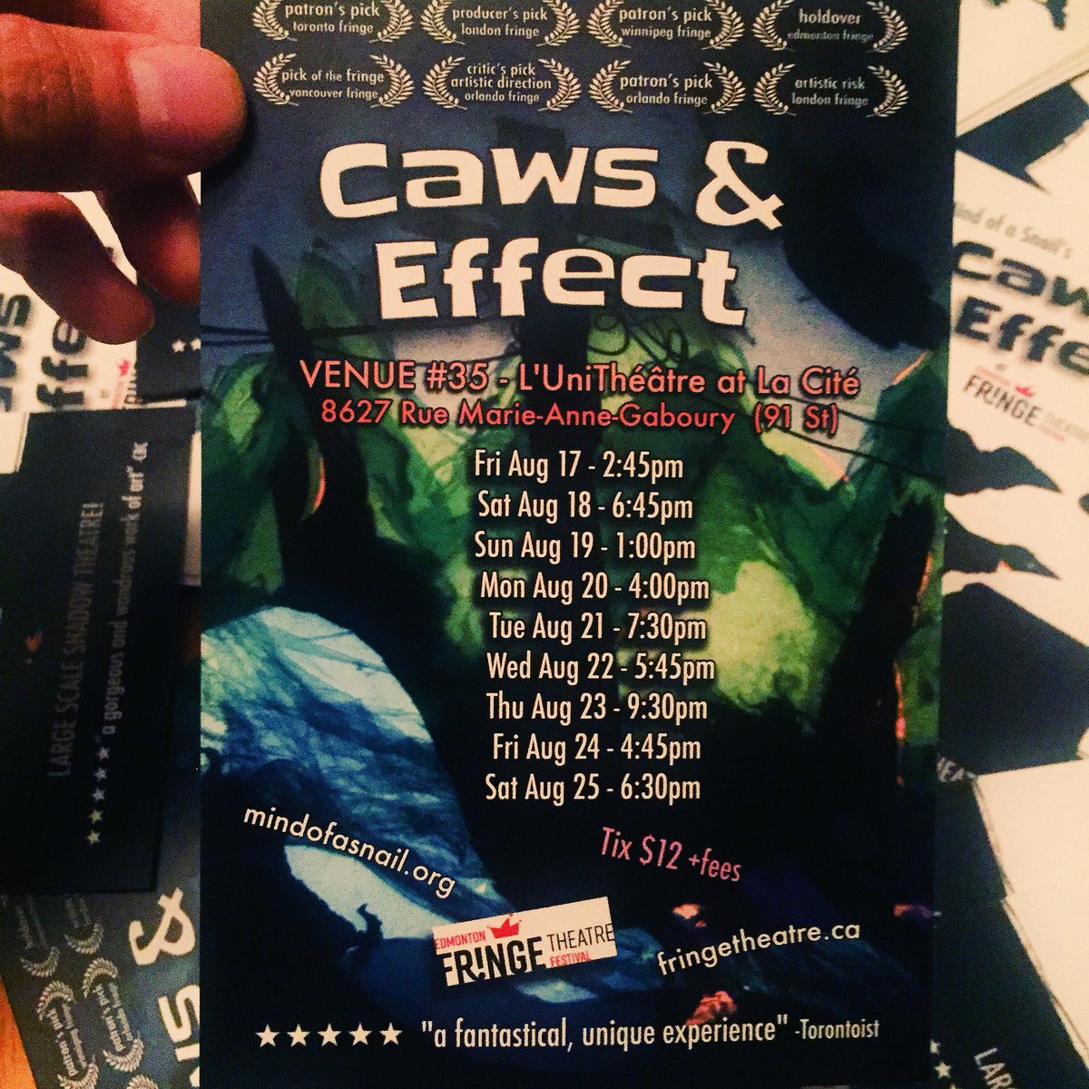 MindofaSnail's tweet photo. Flyers flyers flyers!!! #yegfringe #cawsandeffect @edmontonfringe https://t.co/XzdNgYI6y1