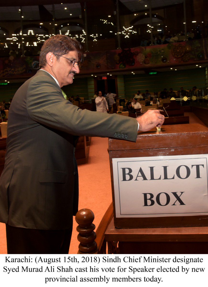 SMuradShahTeam's tweet photo. #Karachi: (August 15th, 2018) Sindh Chief Minister designate @MuradAliShahPPP cast his vote for Speaker elected by new provincial assembly members today.
#SindhAssembly #sindhkiawazppp https://t.co/PS9EiDT79G