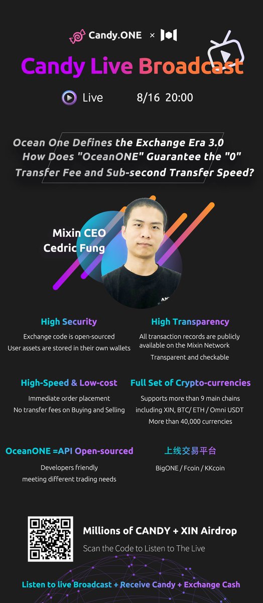 MixinKernel's tweet image. Mixin Ceo @cedricfung will be live streaming covering the new release of the open source exchange #OceanOne and updates on #mixin_network. Tomorrow 16th August at 8pm GMT+8 Beijing time!