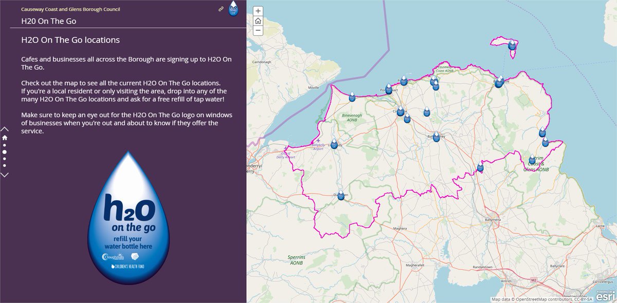 CausewayGIS's tweet image. Check out the @Esri story map we&apos;ve created for the new H2O On The Go initiative! arcg.is/0WLvjj 

The map shows all the locations across the Borough where you can get your water bottle refilled for free! #H2OOnTheGo #PlasticSmart #CausewayCoastandGlens @EsriIreland