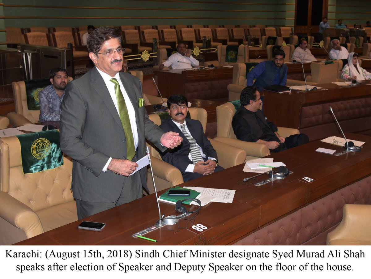 SMuradShahTeam's tweet photo. #Karachi: (August 15th, 2018) Sindh Chief Minister designate @MuradAliShahPPP speaks after election of Speaker and Deputy Speaker on the floor of the house.
#SindhAssembly #sindhkiawazppp https://t.co/AymlrXGG3I