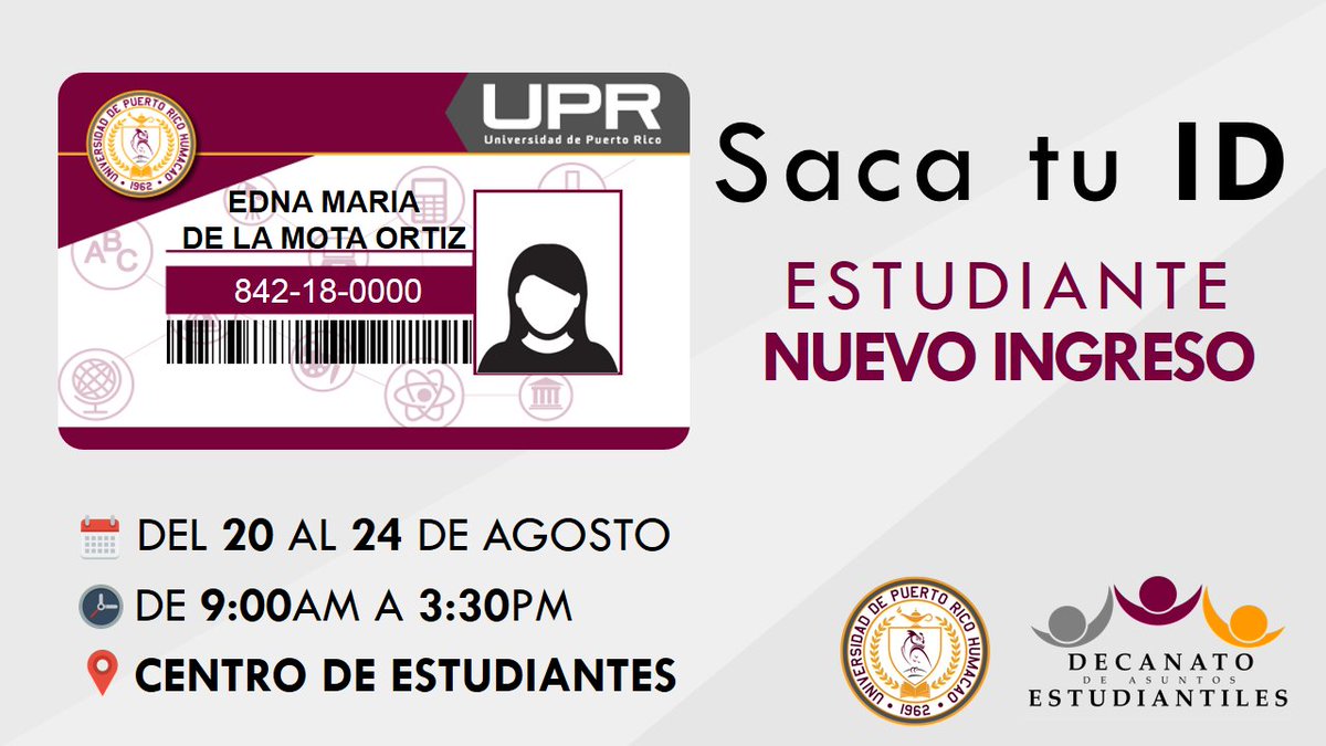 EstudiantilUPRH's tweet photo. #IDCard | Estudiantes de nuevo Ingreso, desde el 20 hasta el 24 de agosto se estarán sacando las ID Cards de https://t.co/gComhIj8Kl importante que lleve consigo su matrícula.

#SiempreBúhos https://t.co/JCnAp97c8Y