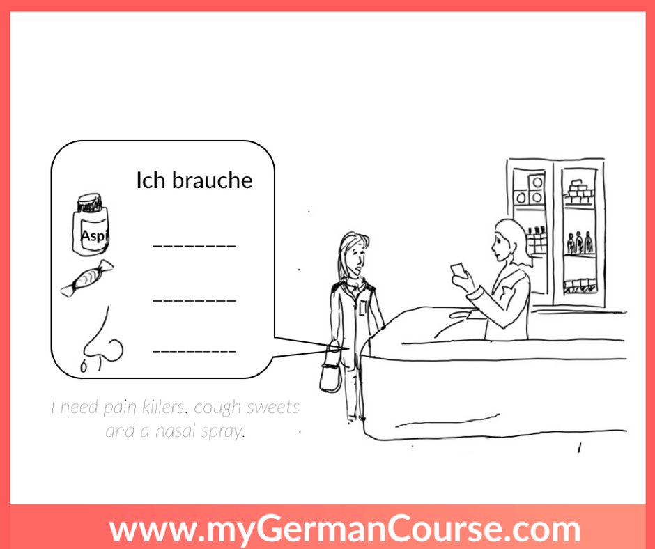 Go to a pharmacy in Germany!
Choose the right words:
a. Lebertran
b. Schmerzmittel
c.Traubensaft
d.Nasenspray
e.Schnupfen
f.Hustenbonbons
#MyGermanCourse
#LearnGerman
bit.ly/MyGerman