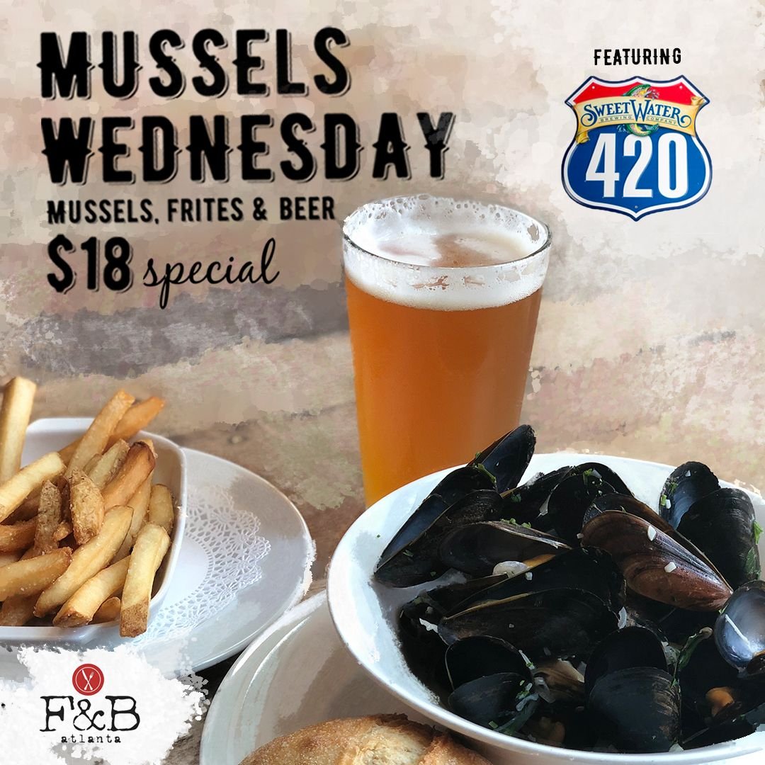 Mussels & Fries & Beer Oh My! $18 - Paired this week with @sweetwaterbrew from right here in Atlanta!
Stop by F&B for this special you wont want to miss!
•
#LunchSpecial #Beer #Mussels #Atlanta #ATL #FandB #Foodies #finedining #cuisine #foodinatlanta