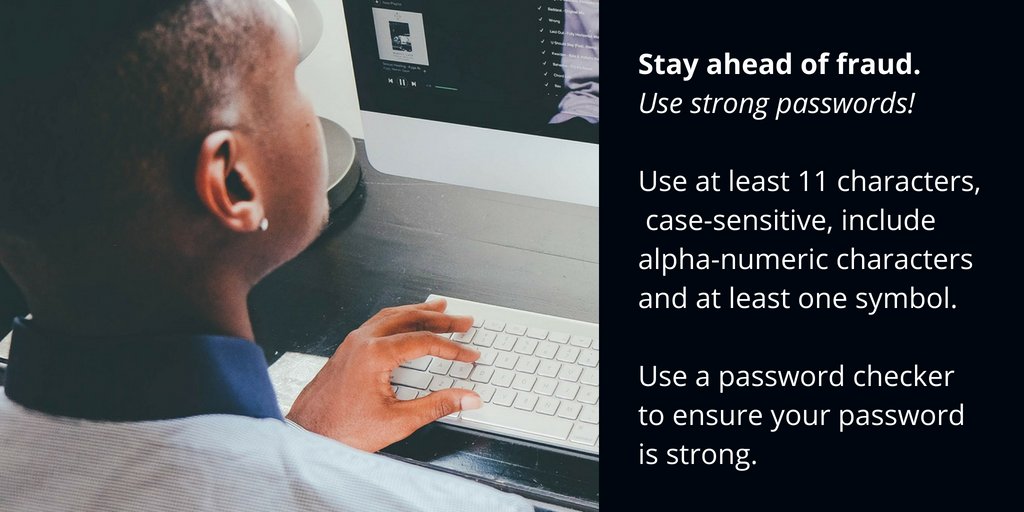 TruStage's tweet photo. #MemberTIPS: Stay ahead of fraud with strong passwords. Take care to use different ones across different accounts too. https://t.co/cIQSXeMGfa