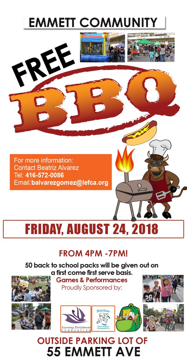Emmett Ave back to school BBQ is here again!  
Please join us with 300 families on Friday Aug 24th from 4:00 pm to 7:00 pm. 
If you like to volunteer, please email Beatriz at  balvarezgomez@lefca.org 
#CommunityBBQ, #LEF, #Emmett, #Summer2018