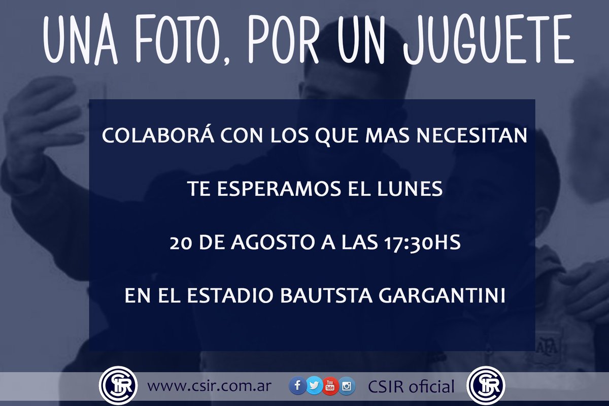 Una foto, por un juguete

Colaborá con los que más necesitan. Te esperamos el lunes 20 de agosto a las 17:30  fn el estadio Bautista Gargantini

¡No podes faltar!