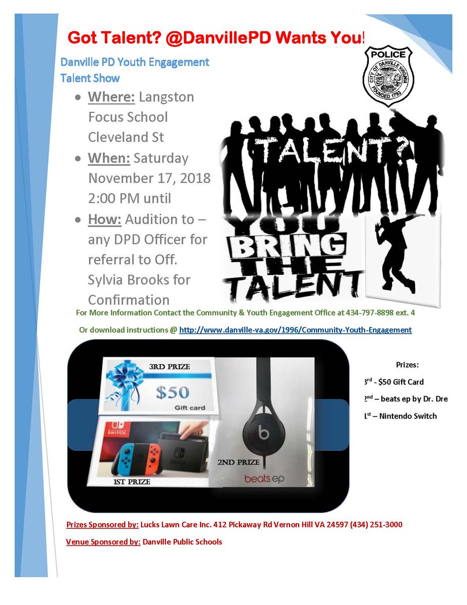 DanvilleVAPD's tweet photo. @DanvillePD seeking auditions for Youth Engagement Talent Show
See Details @ https://t.co/4YQQ1MqD6Y https://t.co/X2TiY2JFl3