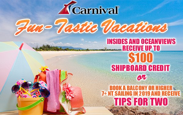 CruiseDeals's tweet photo. Book your Carnival Cruise with CruCon this week to take advantage of our “Tips on Us” sale. When you book a balcony or higher on virtually any new 7+ night cruise in 2019 you receive tips for two. Hurry, this exclusive offer ends Friday (8/17/18). More @ https://t.co/48kS26MhSI https://t.co/zl0xUfTZpc