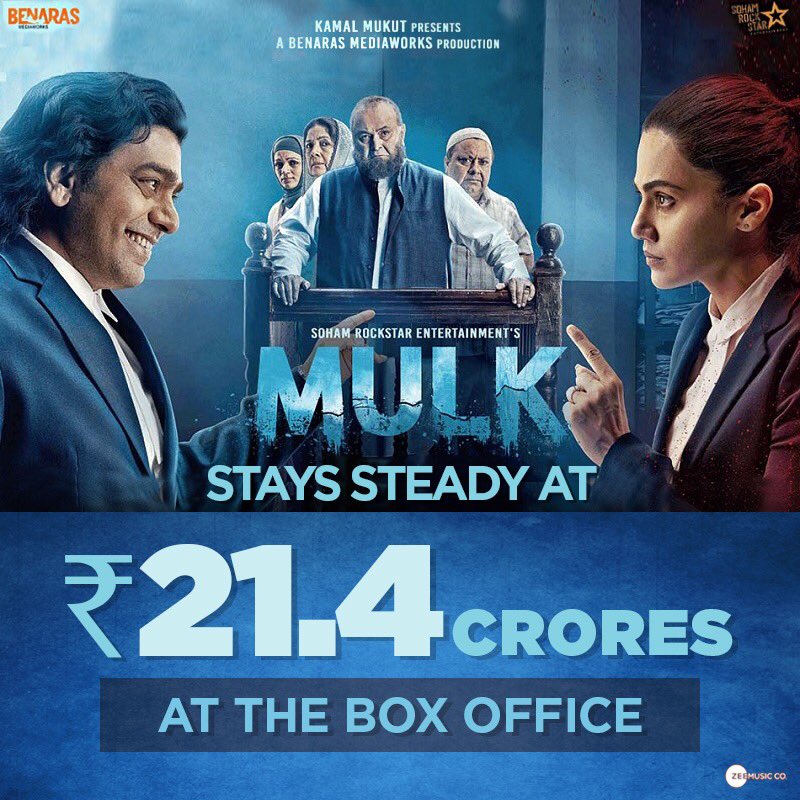 Mulk_Film's tweet photo. #Mulk maintains its solid position at the box office. 
Book tickets for the movie now: https://t.co/oImovkmfjd
@taapsee @chintskap @prateikbabbar @ZeeMusicCompany 
Produced by @DeepakMukut &amp; @anubhavsinha, Directed by #AnubhavSinha, Presented by @SohamRockstrEnt https://t.co/Xz2H8EVMf9