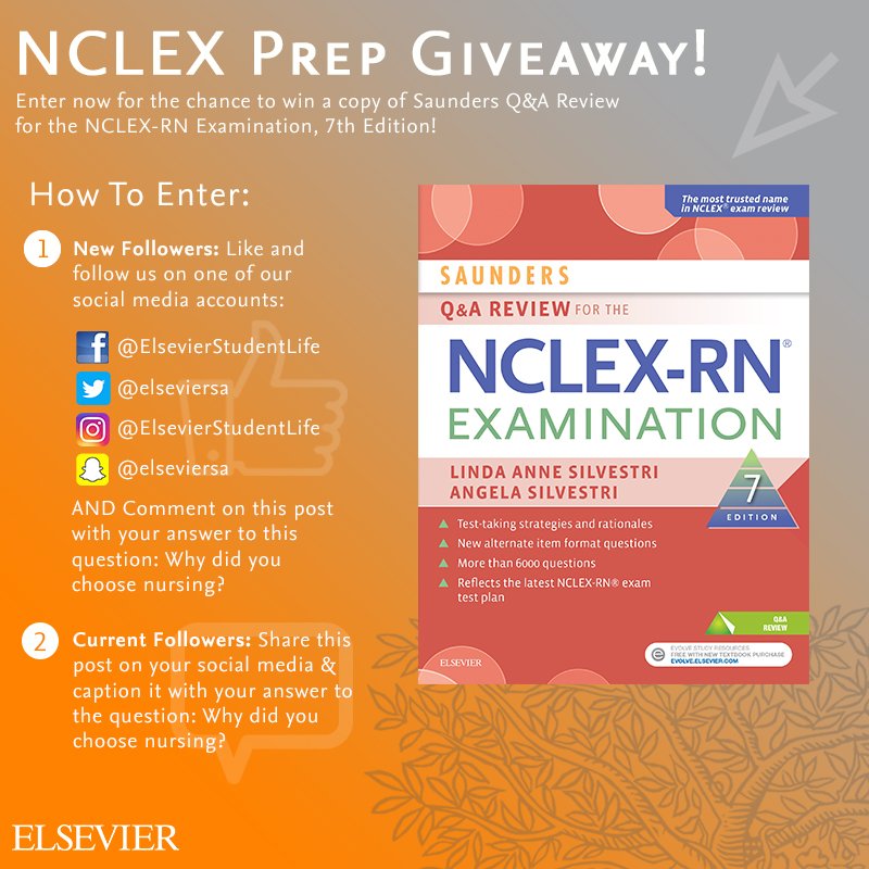 elseviersa's tweet photo. Our Fall NCLEX Prep Giveaway contest begins today!
For Terms &amp; Conditions click here:  https://t.co/BwaLgPPVHq #nursingschool #studentnurse #nursingstudent #giveaway #nclex https://t.co/1wMtIk2XA7