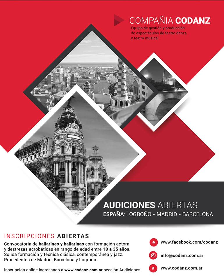 AUDICIÓN ESPAÑA: MADRID, LOGROÑO Y BARCELONA. <a href="/companiacodanz/">Compañía Codanz</a> <a href="/AudyCast/">AudicionesyCastings</a> <a href="/CastingParmil/">Casting Parmil</a>