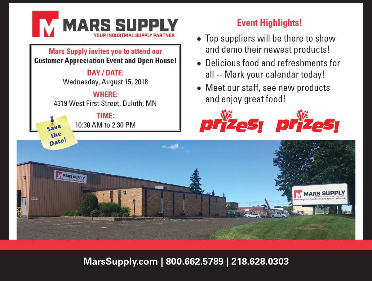Just a friendly reminder that our 2018 Duluth Open House will begin at 10:30 a.m. today. Feel free stop by to learn more about our business, our top suppliers and their newest products.