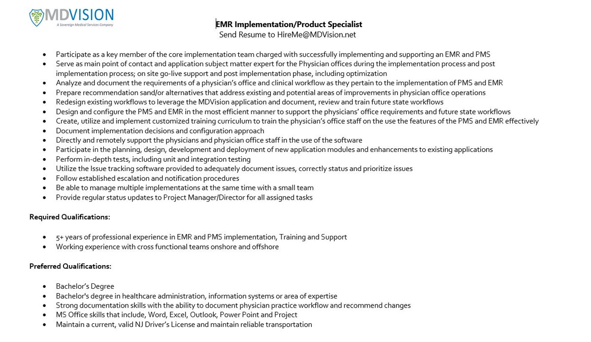 MDVisionCSDLLC's tweet photo. WE ARE #HiringNow "EMR Implementation/Product Specialist" 
Send Resume : HireMe@MDVision.net 
 #Hiring #Job #ITjobs #EHR #MDVisionEMR #EMRImplementation #Software #ProductSpecialist #Latest #NewJersey #USA https://t.co/dqbLC7Qzno