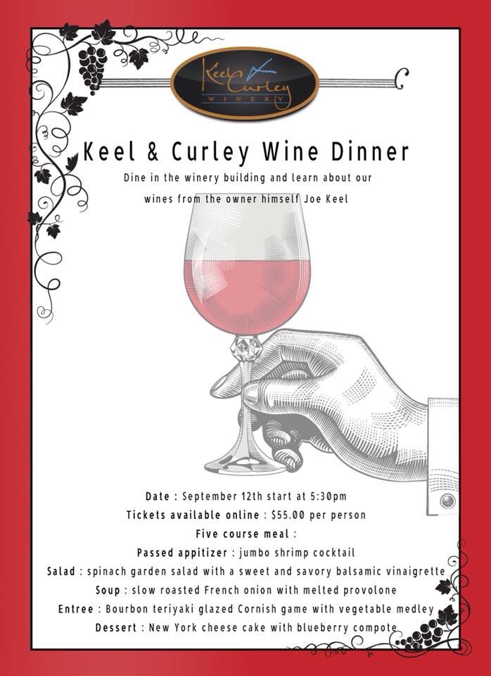 Join us for a special wine dinner on September 12th. 🍷 

Tickets available at keelandcurleywinery.com