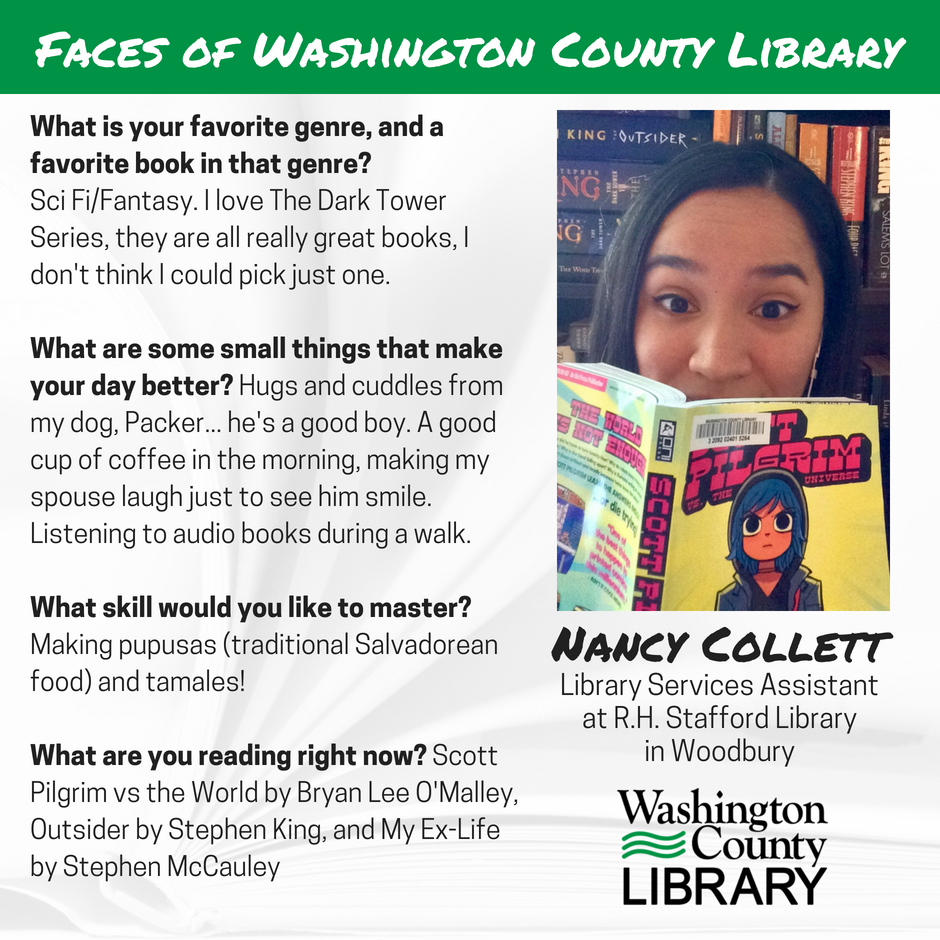 WashCoLib's tweet photo. Nancy is one of our library services assistants at R.H. Stafford Library in Woodbury. When she's not on desk helping answer patron questions, she love cuddling with her dog, walking while listening to audiobooks, and cooking. #WashCoLib #Woodbury #librarylife https://t.co/nSGjQdkQiP