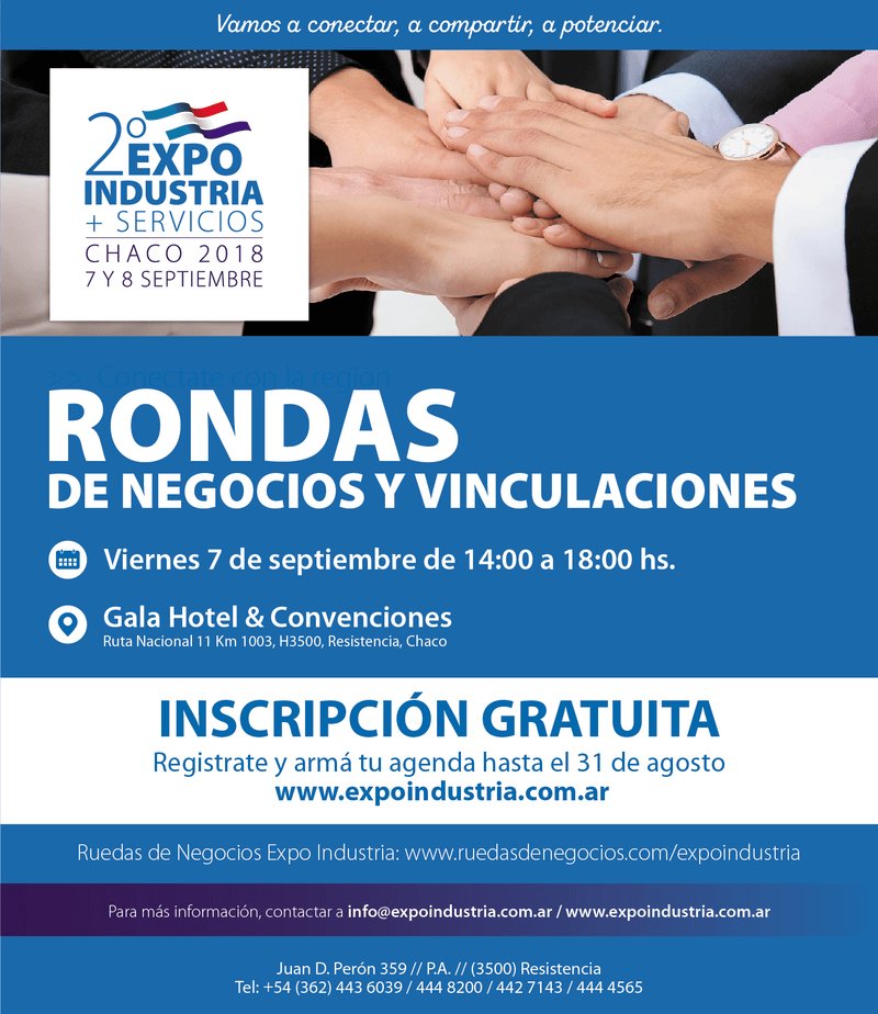 🤝 Registre sin cargo su empresa a nuestras Rondas de Negocios y Vinculaciones. #ExpoIndustriaChaco2018

1⃣ Ingrese en ruedasdenegocios.com/expoindustria/
2⃣ Registre su empresa Sin Cargo
3⃣ Revise el listado de empresas registradas y solicite reuniones con las que le interesa.