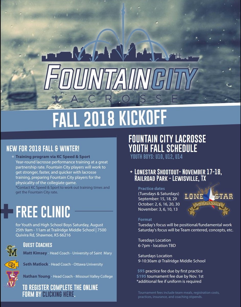 fountaincitylax's tweet photo. Fall lacrosse is here! Don't miss out on a great FREE clinic with local collegiate coaches August 25th! Players new to #FCLax are welcome! Did we mention its FREE?! @LAKCLaxLeague @KCYLL @SaintMaryLax @MVCMensLax @BravesAthletics https://t.co/gqLzdlinFD